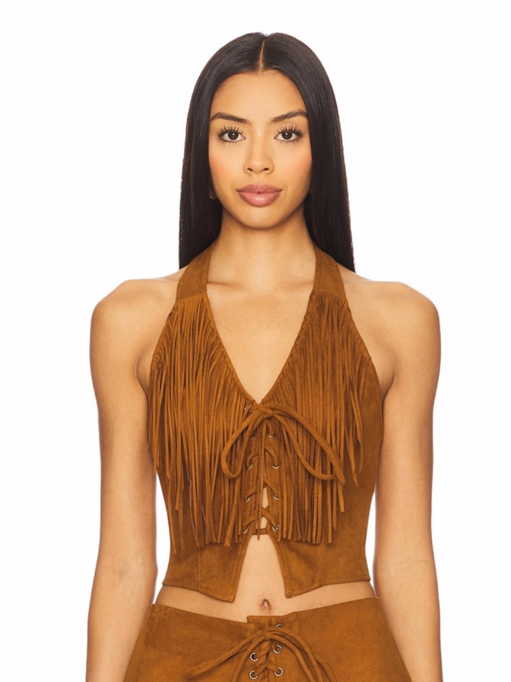 Lovers + Friends Revolve Noella Camel Lace Up Fringed Faux Suede Western Vest S